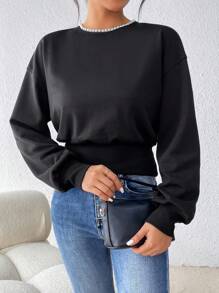 SHEIN Privé Women's Faux Pearl Decorated Drop Shoulder T-Shirt - Black - View 3