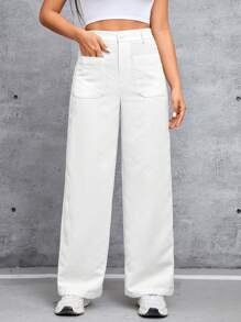 SHEIN PETITE Women's White Button & Front Slit Pocket Design Wide Leg Long Pants - White - View 1