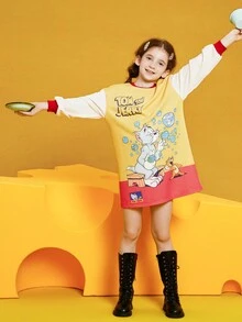 TOM & JERRY X SHEIN Tween Girl Cartoon Pattern Drop Shoulder Dress - Multicolor - View 6