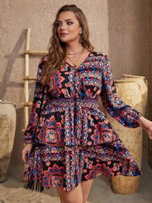 SHEIN VCAY 大碼印花燈籠袖洋裝 - 彩色 - 查看 3