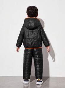 SHEIN 3 piezas Chaqueta con capucha acolchada holgada informal para niños, chaleco sin mangas y conjunto de pantalones, de felpa, abrigados