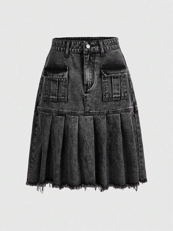 ROMWE Grunge Punk Punk Street Style Pleated Distressed Pocket Patchwork Vintage Washed Denim Skirt For Plus Size, For Summer