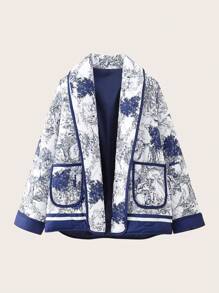 花卉印花撞色绑带前开式棉服外套，女士冬季休闲口袋常规袖披肩领宽松蓝白围巾印花女士棉服外套，冬季温暖/冬季时尚 - 藍白色 - 查看 1
