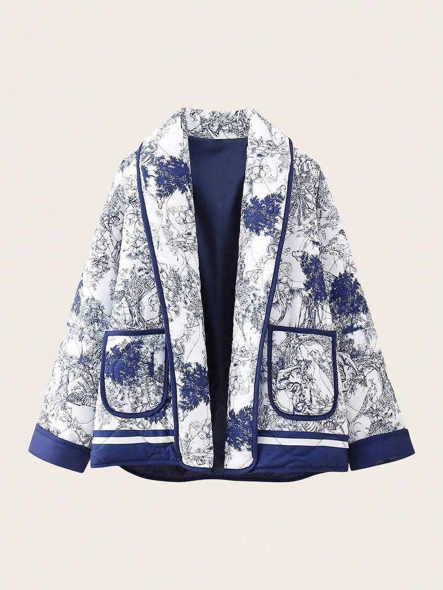 花卉印花撞色绑带前开式棉服外套，女士冬季休闲口袋常规袖披肩领宽松蓝白围巾印花女士棉服外套，冬季温暖/冬季时尚 - 藍白色 - 查看 1