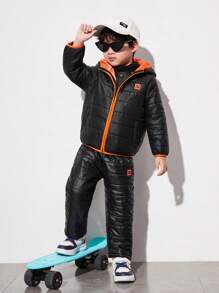 SHEIN 3 piezas Chaqueta con capucha acolchada holgada informal para niños, chaleco sin mangas y conjunto de pantalones, de felpa, abrigados