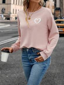 SHEIN LUNE Heart Print Drop Shoulder Sweatshirt - Dusty Pink - View 6