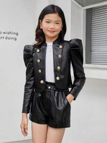 SHEIN Leap Crew Tween Girls' Oversized 3D Faux Pearl Embellished Sleeve Panel Jacket - Multicolor - View 4