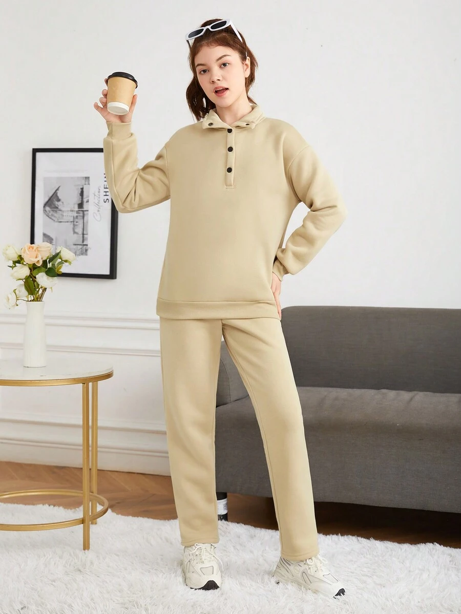 Two-Piece Set Of Teenagers Girls Casual Drop Shoulder Sweatshirt And Sweatpants Set Fall Winter - Apricot - View 1