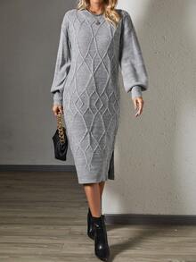 SHEIN Essnce 麻花編織落肩袖毛衣洋裝不附腰帶 - 灰色 - 查看 6