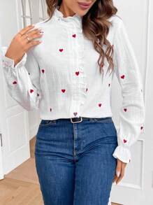 SHEIN Frenchy Của phụ nữ Thêu trái tim Trang trí Frills Áo sơ mi - Nhiều màu - Xem 6