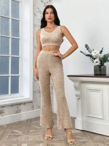 SHEIN Privé Women's Knit Tank Top And Flare Leg Pants