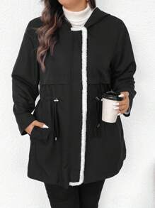 SHEIN Frenchy 大码连帽夹棉大衣，腰部有抽绳，有保暖内衬，适合冬季穿着 - 黑色 - 查看 3
