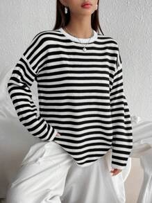 SHEIN Unity Striped Pattern Drop Shoulder Sweater - Black and White - View 1
