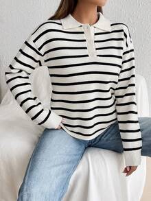 SHEIN Unity Jersey informal con cierre de media cremallera y contraste de colores a rayas - Blanco y Negro - Ver 3