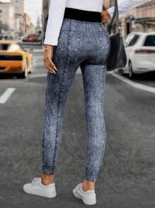 SHEIN LUNE Quần jegging in hiệu ứng denim eo tương phản dành cho nữ - Màu xanh lam - Xem 2