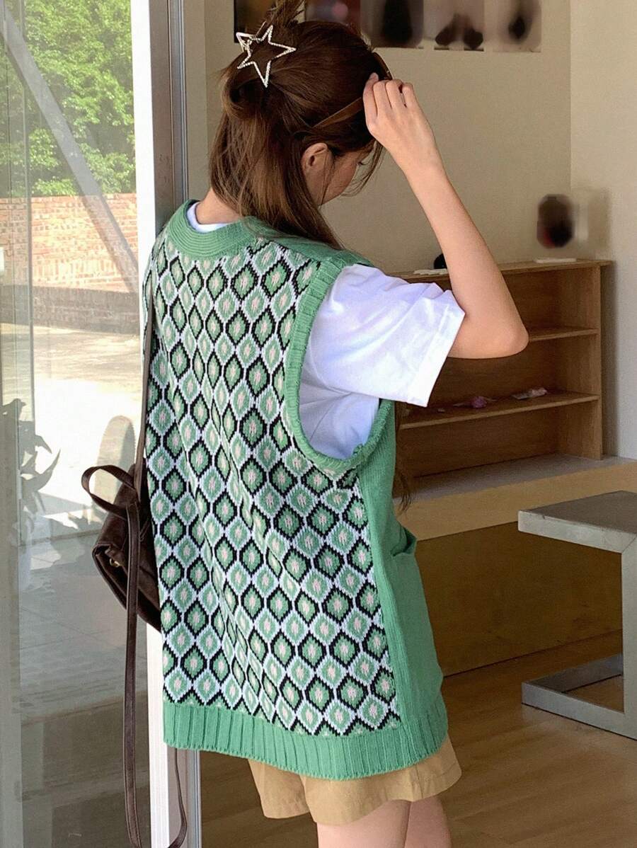 Dazy Star Của phụ nữ Áo len vest Với Họa tiết Hình học Trở lại Thiết kế - màu xanh lá - Xem 1
