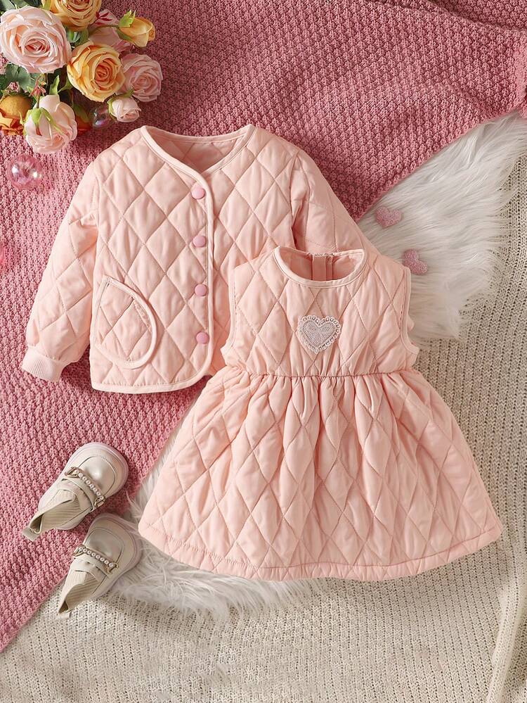 Thick Winter Baby Girls' Elegant Warm Diamond Checkered Jacket And Skirt Two Piece Set