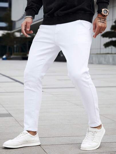 Manfinity Homme Men's Slim Fit Jeans Long Washed Light Jean Cargo Plain All White Work Business Casual Husband Going Out Vacation Work College