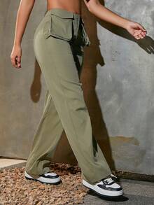 Women's Simple & Casual Cargo Pants With Large Pockets And Personalized Design - Green - View 3