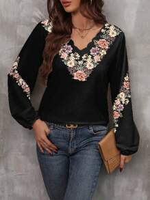 花卉印花扇貝邊燈籠袖套頭衫 - 黑色 - 查看 1