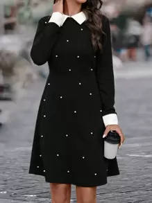 SHEIN Clasi Pearls Beaded Contrast Trim Dress - Black and White - View 5