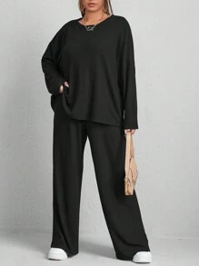 SHEIN CURVE+ Plus Size Women'S Drop Shoulder T-Shirt And Wide Leg Pants Set - Black - View 1