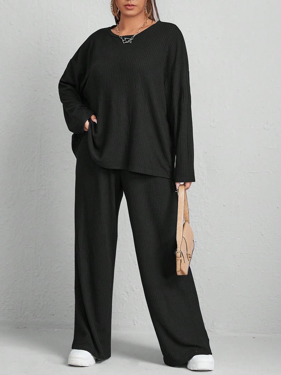 SHEIN CURVE+ Plus Size Women'S Drop Shoulder T-Shirt And Wide Leg Pants Set - Black - View 1