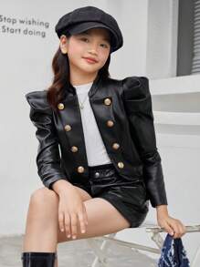 SHEIN Leap Crew Tween Girls' Oversized 3D Faux Pearl Embellished Sleeve Panel Jacket - Multicolor - View 2