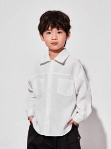 SHEIN Young Boys' Casual Loose Fit Solid Color Shirt With Chest Pocket Decoration, Long Sleeve