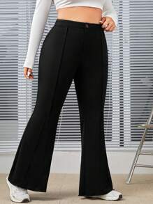 SHEIN EZwear Plus Size Women Toothpick Design Knitted High Waist Flare Pants, Black - Black - View 1