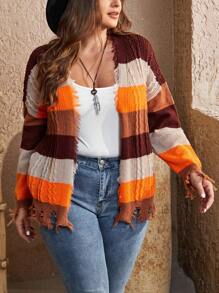 SHEIN VCAY Plus Size Contrast Color Fringe Cardigan - Multicolor - View 4