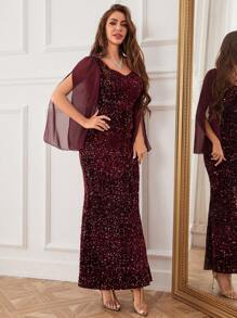 Damen Abendkleid mit Pailletten, Kontrastärmel aus Mesh, Fischschwanz, für Partys, Hochzeitsgäste, formelle Anlässe, Ballkleid - Bordeaux - Übersicht 3