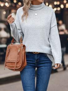 SHEIN LUNE 女式高領肋毛針織上衣 - 灰色 - 查看 3