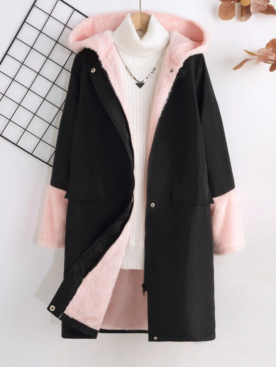 SHEIN Áo khoác mùa đông lót nhiệt ấm áp phong cách đường phố cho bé gái - màu đen - Xem 1