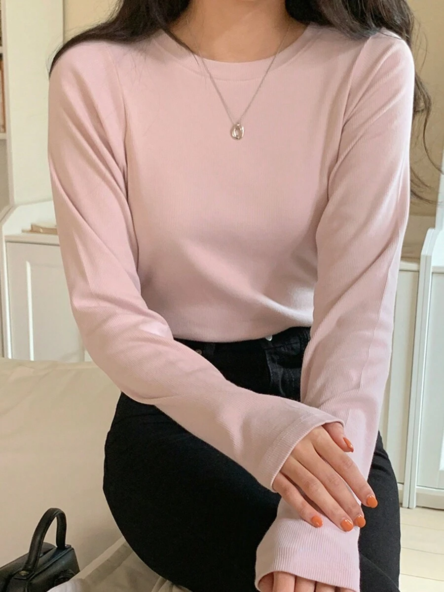 DAZY 純色長袖t恤 - 粉色 - 查看 1