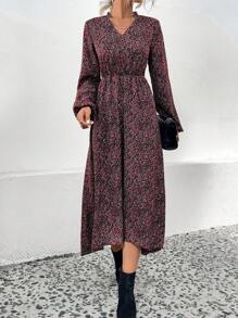 SHEIN Clasi Ditsy Floral Print Lantern Sleeve Dress - Black - View 1