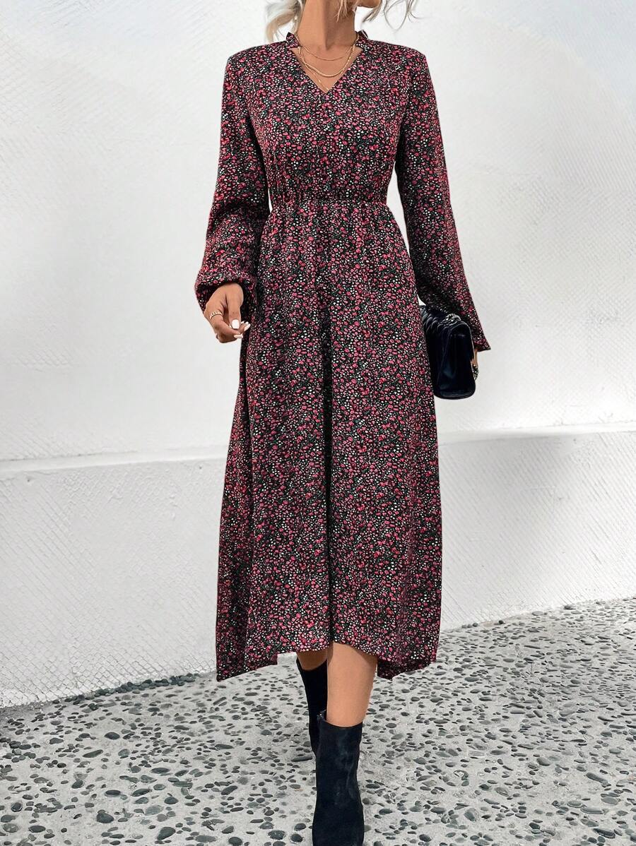 SHEIN Clasi Ditsy Floral Print Lantern Sleeve Dress - Black - View 1