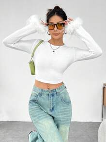 SHEIN EZwear Women's Feather Cuff Crop Top - White - View 5