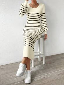 SHEIN Essnce Của phụ nữ Sọc Tay áo lồng đèn Đầm Áo len - Màu be - Xem 3