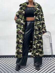 SHEIN Coolane Plus Size Camouflage Plush Long Coat - Army Green - View 6
