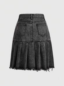 ROMWE Grunge Punk Solid Flap Pocket Raw Edge Pleated Denim Skirt, School - Black - View 2
