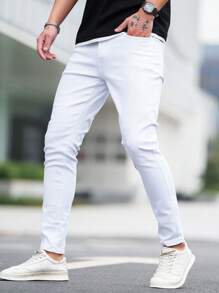 Manfinity Homme Men's Street Style White Denim Jeans Slim Fit Long Washed Light Jean Cargo Plain All Work Business Casual Husband - White - View 5