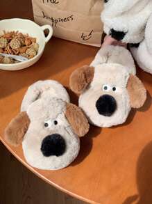 Chinelos de pelúcia de cachorro de desenho animado fofo para mulheres, chinelos de inverno quentes e antiderrapantes para uso doméstico, sapatos de pelúcia