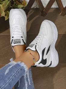 Ladies' White Platform Sneakers With Laces - White - View 4