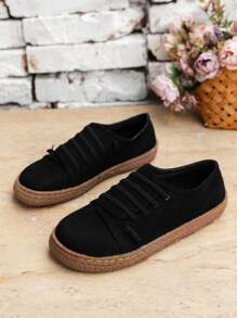 Women's Retro Colorful Sewing Thread Mid-top Athletic Shoes With Round Toe, Spring/autumn Casual Flat Heel Holiday Style Black Flat Shoes