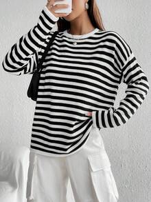 SHEIN Unity Striped Pattern Drop Shoulder Sweater - Black and White - View 3