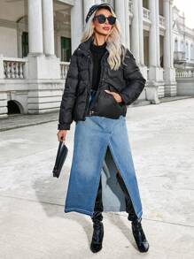 SHEIN LUNE 女士纯色长袖前拉链休闲加厚棉服冬季服装 - 黑色 - 查看 6