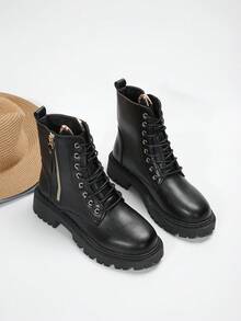 女款厚底軍靴,純色圓頭,蕾絲邊,拉鍊踝靴,時尚戶外鞋 - 黑色 - 查看 3