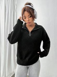 Flirla Half Zip Drop Shoulder Knit Pullover Fall Winter Sweater - Black - View 5