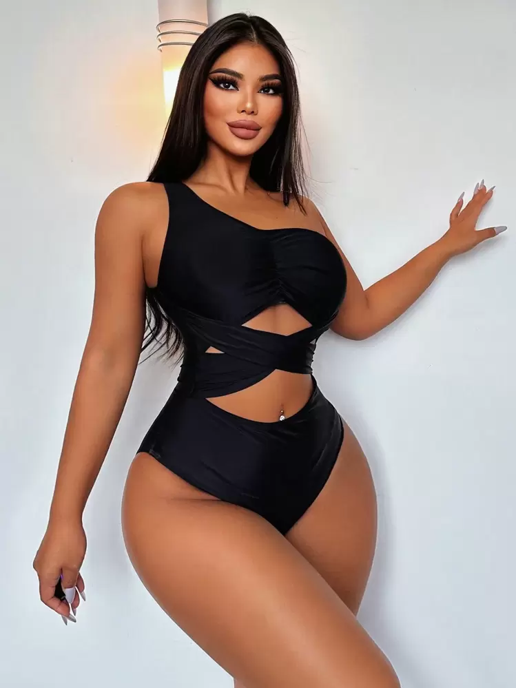 SHEIN Swim Lushore Traje de baño de una sola manga con pliegues frontales y tirantes cruzados, traje de baño negro, traje de baño de una pieza negro, traje de baño sexy de una pieza para curvas - Negro - Ver 5